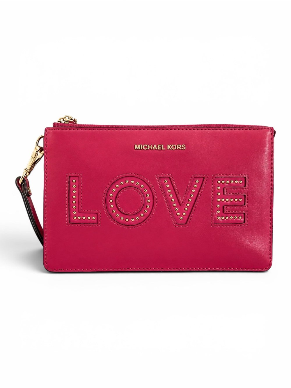 Michael Kors LOVE Studded Pink Leather Zip Wristlet Wallet Clutch Card Case - Picture 2 of 13